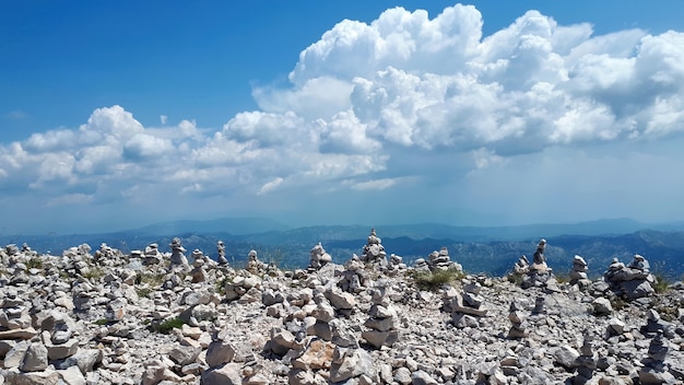 Rock balancing on mountain in Montenegro