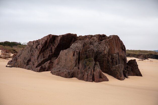 회색 모래 바닥에 바위