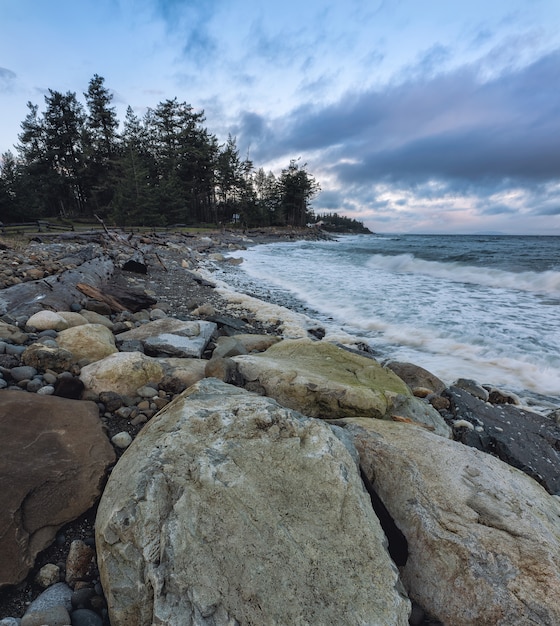 Rocky Shore Under Cloudy Sky