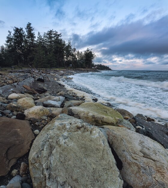 Rocky Shore Under Cloudy Sky