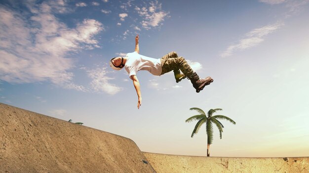 Rollerskater man is performing tricks in skatepark on sunset