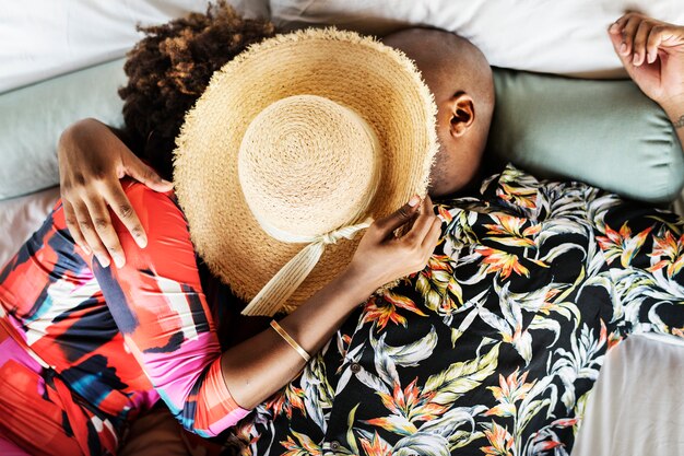 Romantic bohemian couple on bed