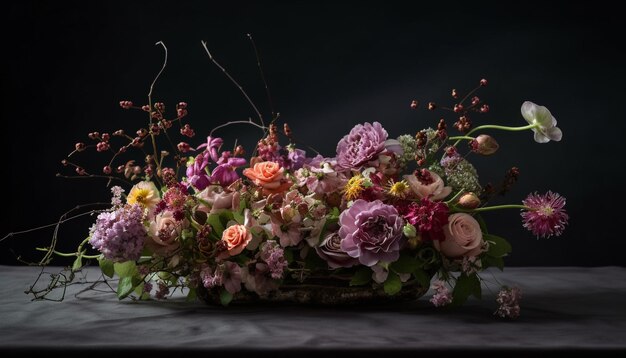 Romantic bouquet adorns wooden table for wedding celebration generated by AI