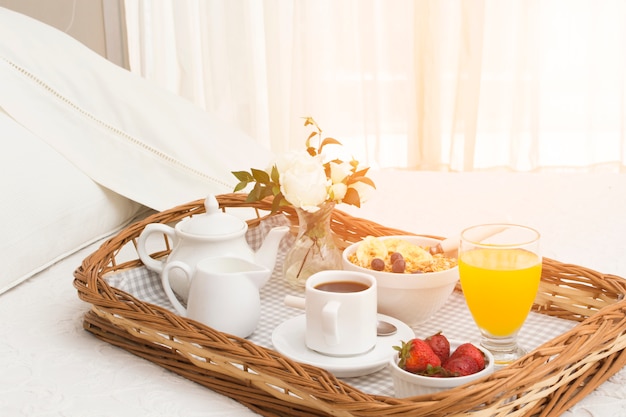 Romantic breakfast on tray