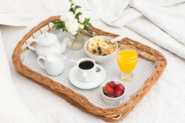 Romantic breakfast on tray