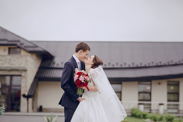 Romantic bride looking at her husband