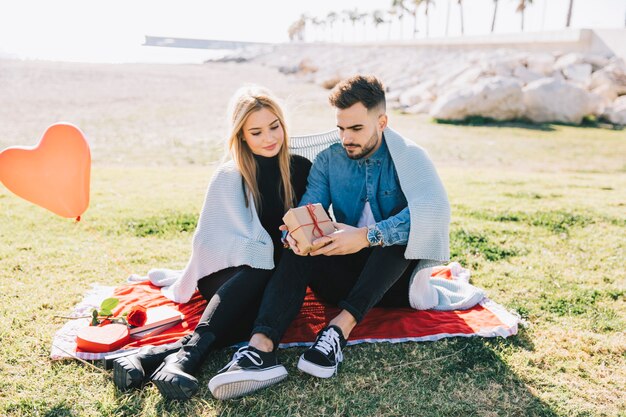 Romantic couple celebrating anniversary on picnic