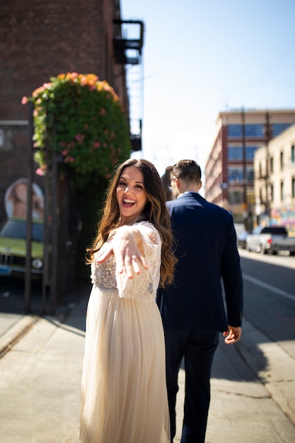 Romantic couple in the city celebrating engagement together