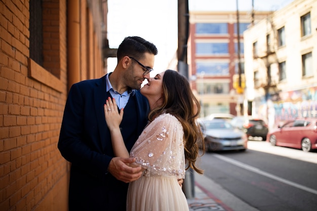 Romantic couple in the city celebrating engagement together