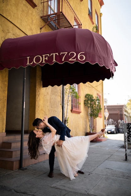 Romantic couple in the city celebrating engagement together