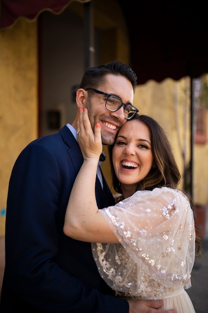 Romantic couple in the city celebrating engagement together