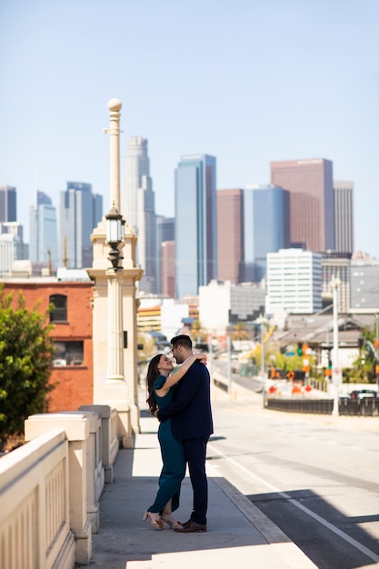 Romantic couple in the city celebrating engagement together