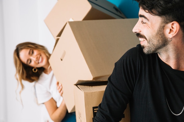 Romantic couple moving to new flat