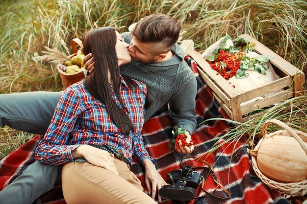 ロマンチックなカップルの草の上に座ってキス