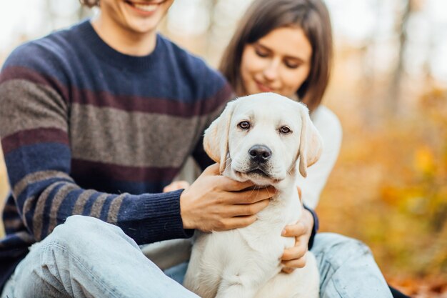 Romantic couple with the golden retriver labrador sitting in autumn forest