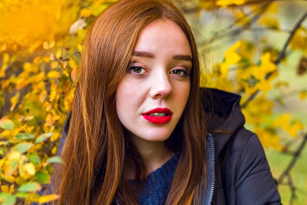 Romantic girl with shiny straight hair looking away, hiding behind yellow foliage. Close-up outdoor portrait of lonesome brunette female model posing in autumn park.