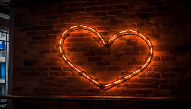 AI가 생성한 벽돌 벽 배경에서 로맨틱한 하트 기호가 밝게 빛납니다.