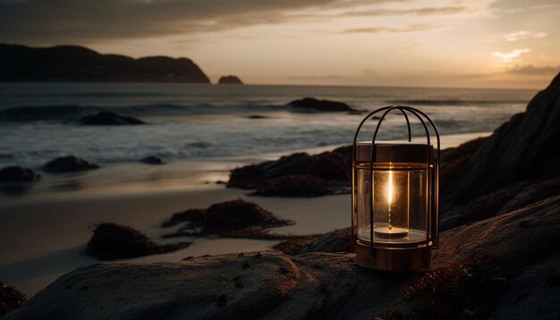 AI によって生成された夕暮れ時に静かなビーチでロマンチックなランタンが光る