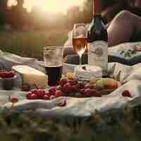 Free photo romantic picnic with wine and cheese on green grass in sunset light