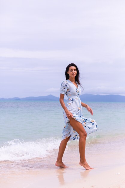風の強い日に海沿いのビーチで長い青いドレスを着た女性のロマンチックな肖像画