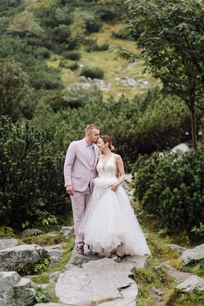 ポーランドのシーアイ湖の愛立っているロマンチックな結婚式のカップル。タトラ山脈。