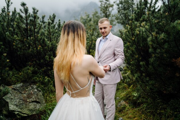 Romantic wedding couple in love standing of the Sea Eye lake in Poland. Tatra mountains.