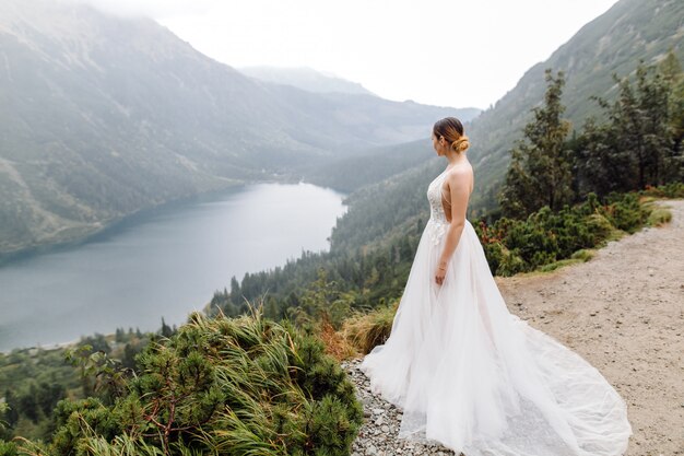 ポーランドのシーアイ湖の愛立っているロマンチックな結婚式のカップル。タトラ山脈。