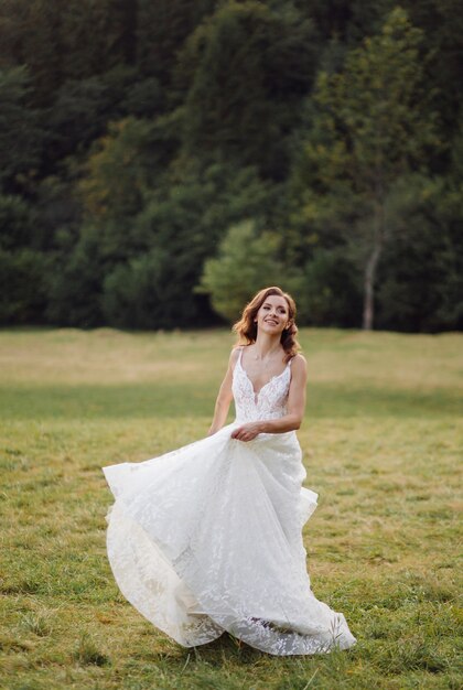 Romantic wedding couple in love walks in the mountains and forest