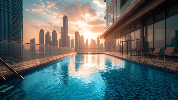 A rooftop pool in a bustling city setting with skyscrapers towering in the background