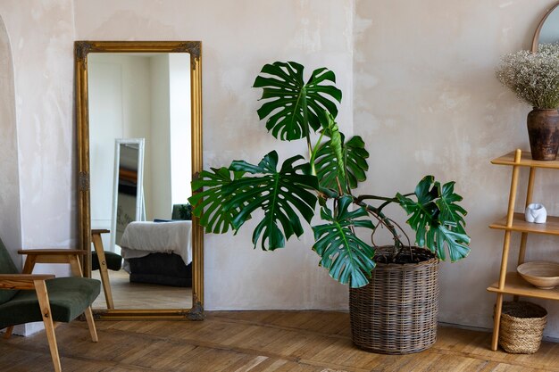 Декор комнаты с растением Mostera и деревянной полкой
