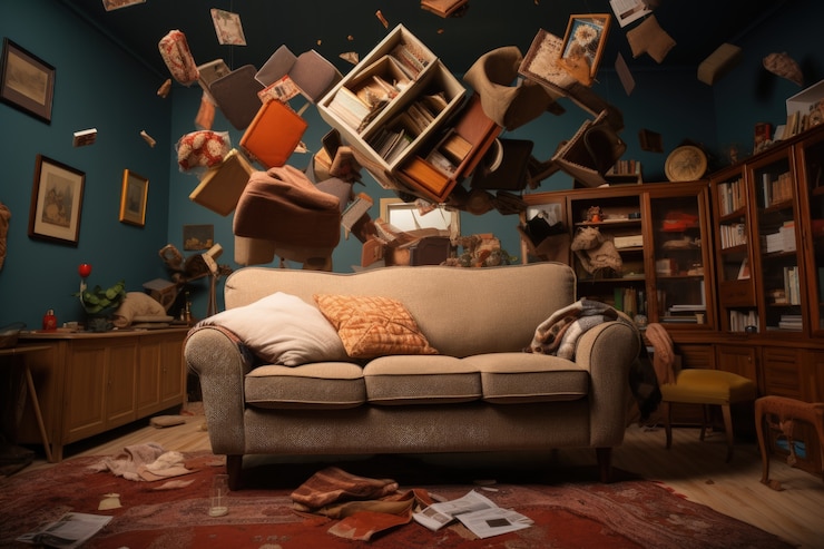 Free Photo room furniture defying the laws of physics by levitating in the atmosphere