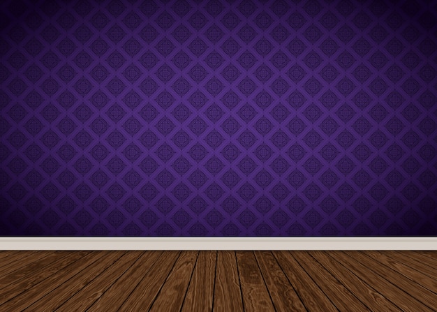 Free photo room interior with purple damask wallpaper and wooden floor