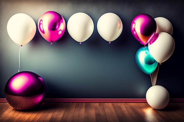 A room with balloons and a blank sign that says'happy birthday '