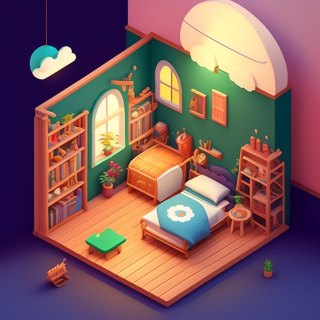 Foto gratuita una stanza con un letto e uno scaffale con sopra dei libri