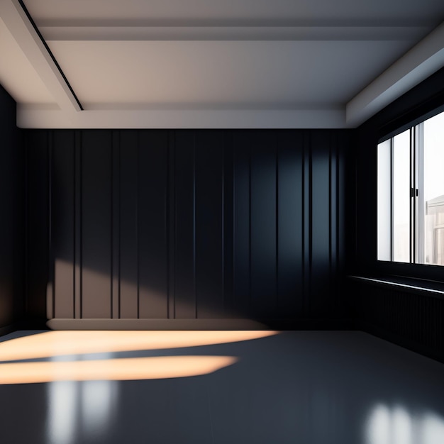 A room with a black wall and a window that has the sun shining on it.