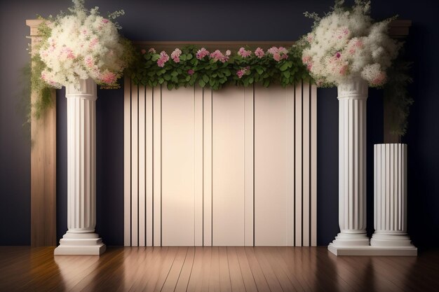 A room with columns and flowers on the floor