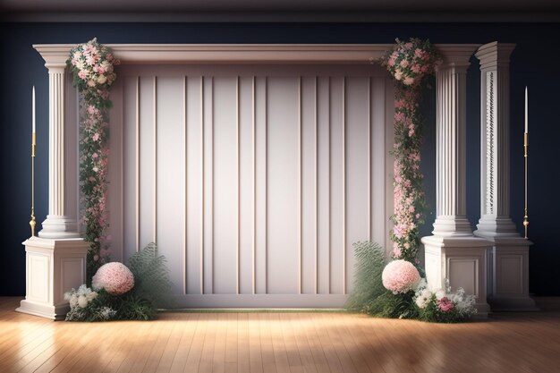 A room with a large arch with pink flowers on it.