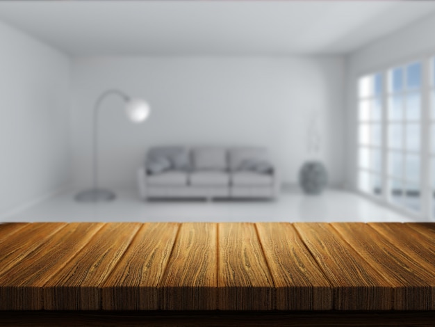 Foto gratuita il rendering 3d di un tavolo di legno con interni stanza in background