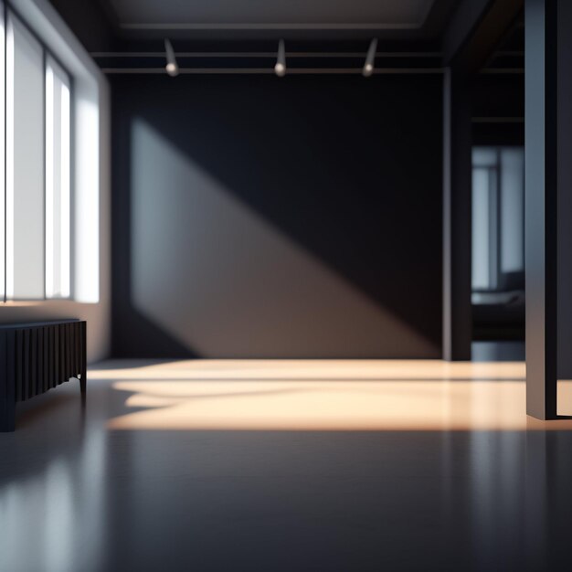 A room with a window and a bench in it