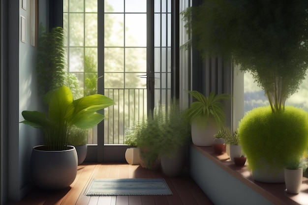Комната с окном и растениями на полу.