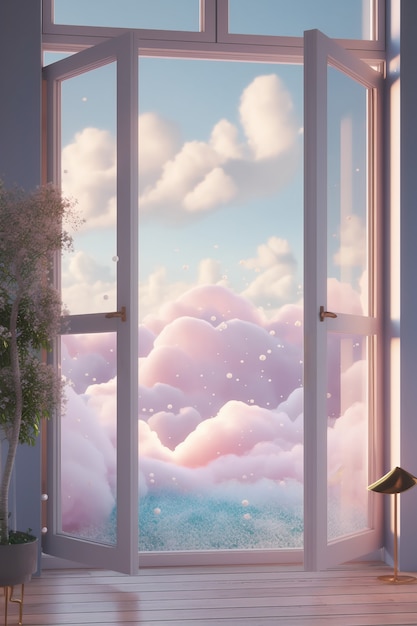 Free photo room with window and surreal view