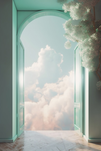 Free photo room with window and surreal view