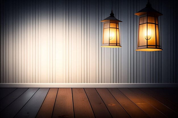A room with a wooden floor and two lanterns hanging from the ceiling.