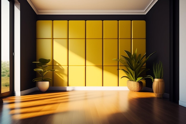A room with yellow wall panels and plants in the corner.