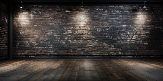 Просторный чердак с глубокими деревянными полами и матовой черной кирпичной стеной