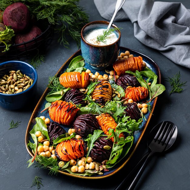 Root vegetables roast until soft in the center and crispy with chickpeas pumpkin seeds and fresh lettuce leaves