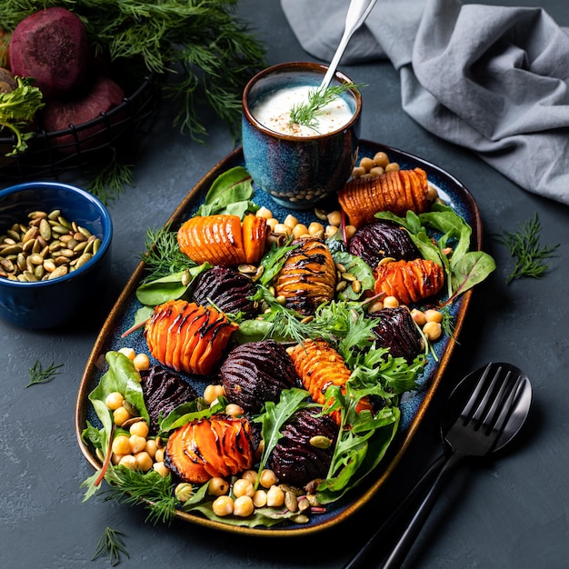 ひよこ豆、かぼちゃの種、新鮮なレタスの葉を添えて、中心が柔らかくカリカリになるまで根菜をロースト
