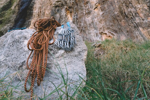 Rope and carabiners on rock