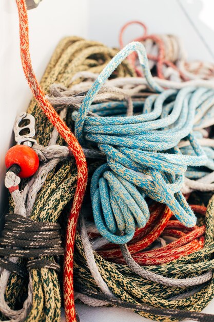 Ropes on deck of professional sailing yacht