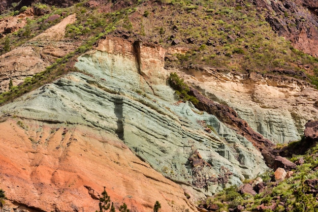 스페인의 Roque Nublo 화산암은 푸른 잔디로 덮여 있습니다.